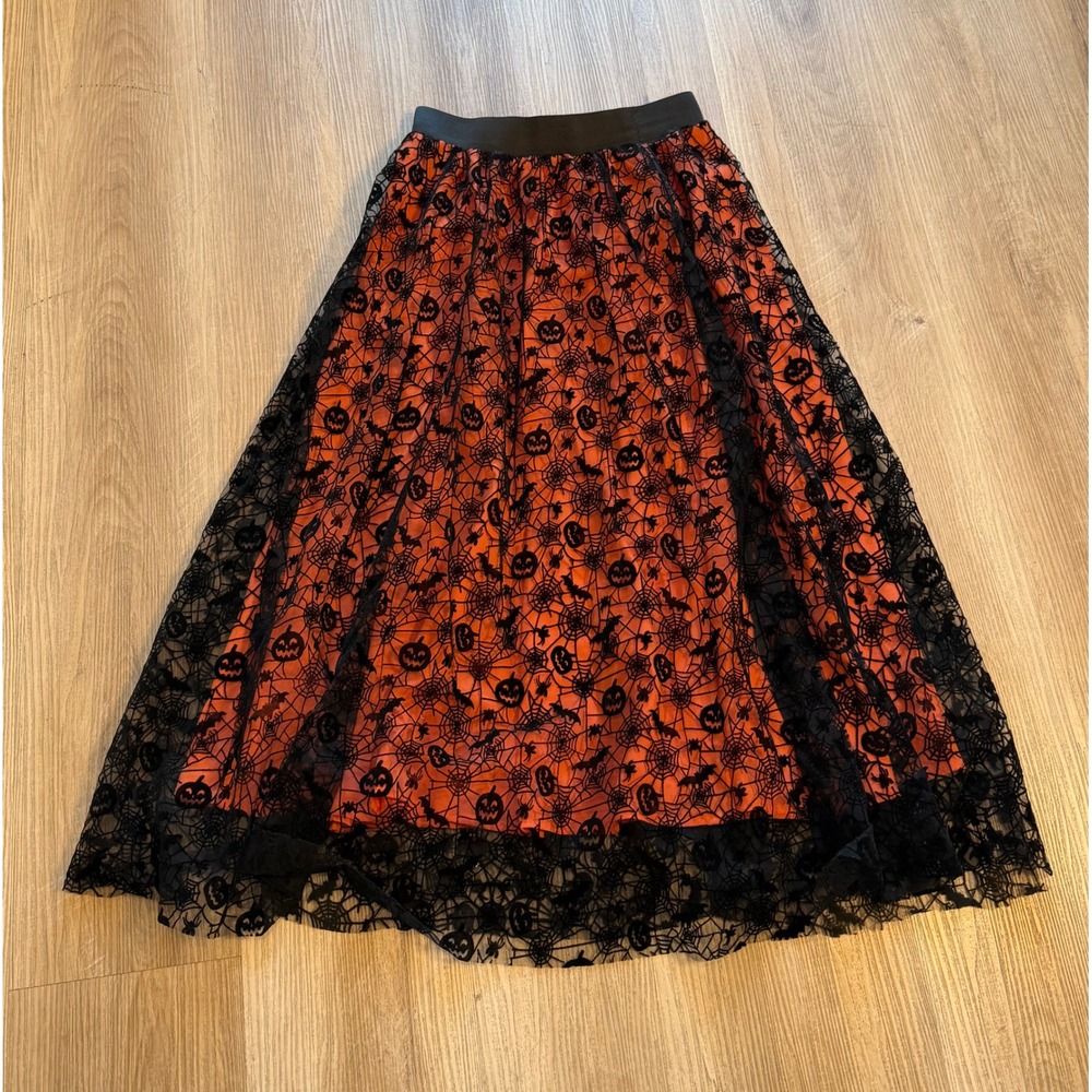 Halloween Pumpkin Spider Web Lace Maxi Skirt Orange Black Gothic Costume Small